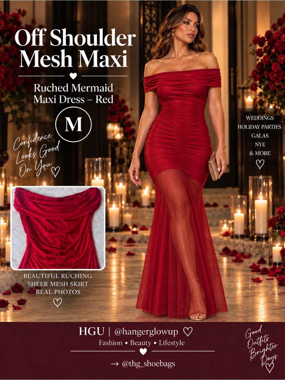 OYS Red Off Shoulder Ruched Mesh Mermaid Maxi Dress Sheer Skirt L NWT